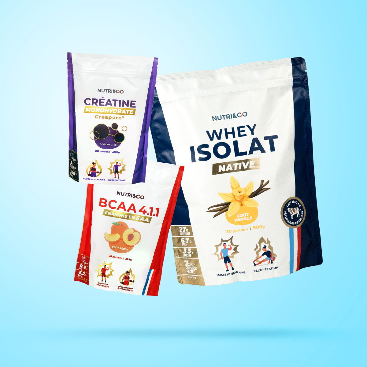 Pack de compléments alimentaires Musculation : Whey, BCAA et Créatine Pack de compléments alimentaires Musculation : Whey, BCAA et Créatine