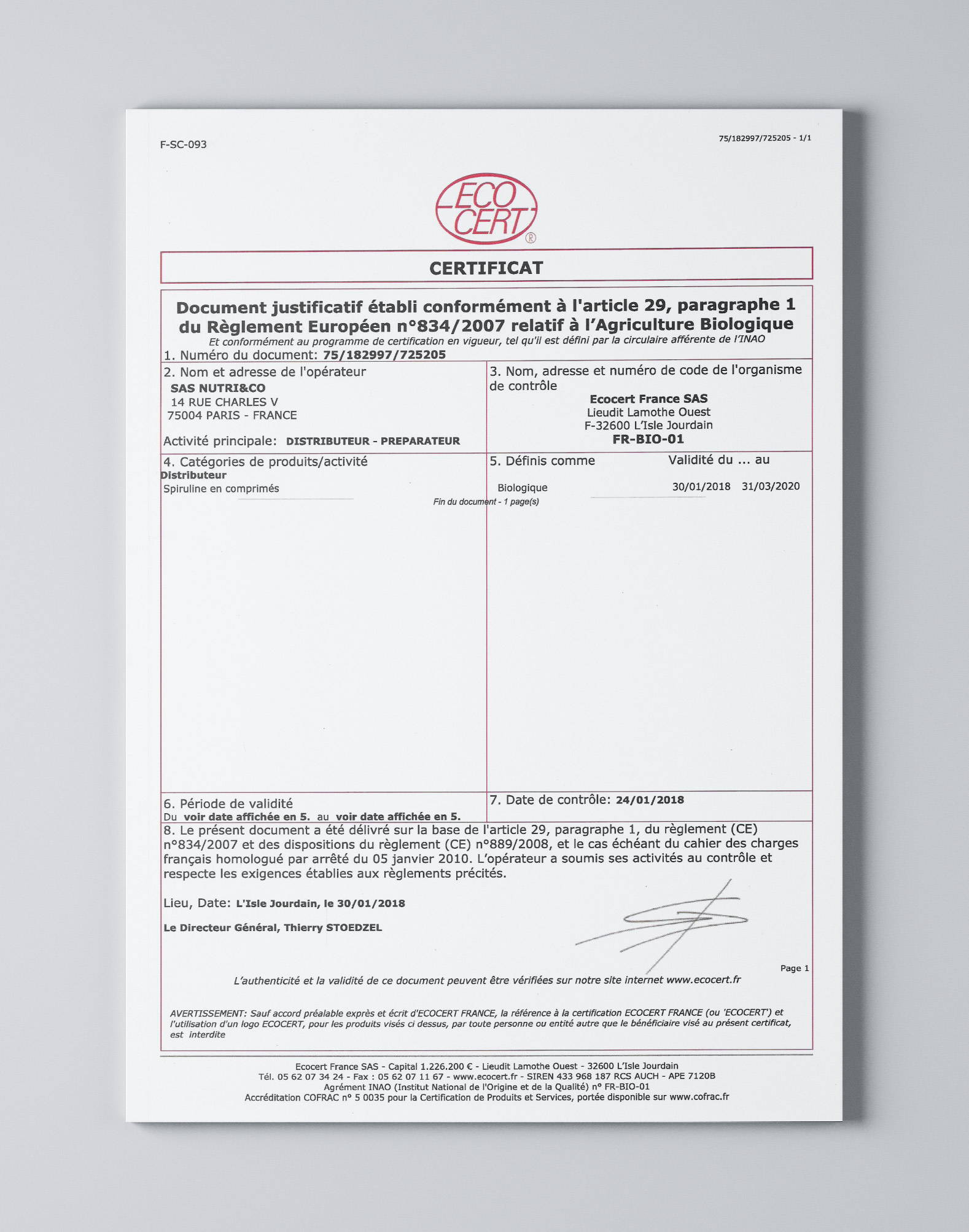 Certificat Ecocert Spiruline
