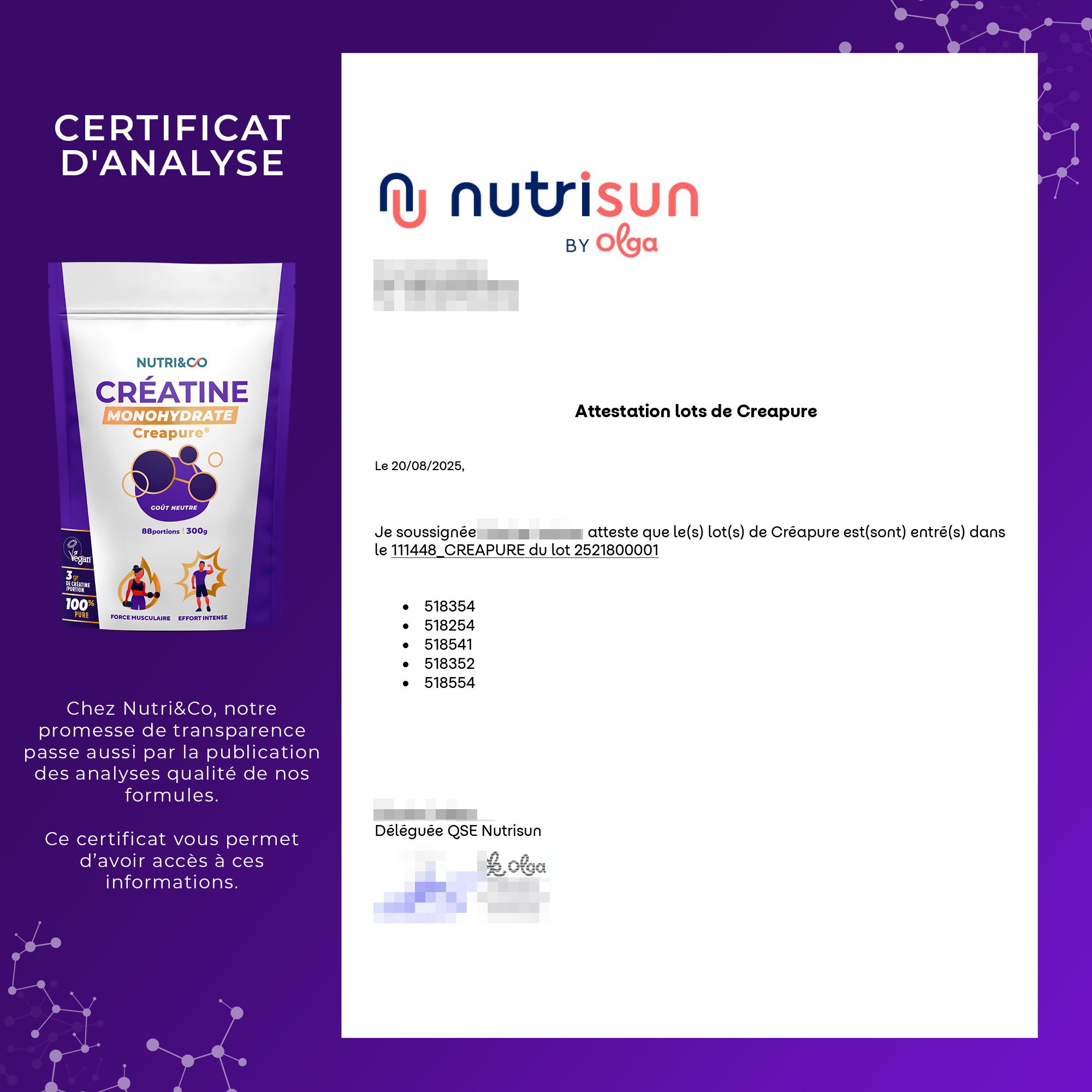Attestation lots de creapure