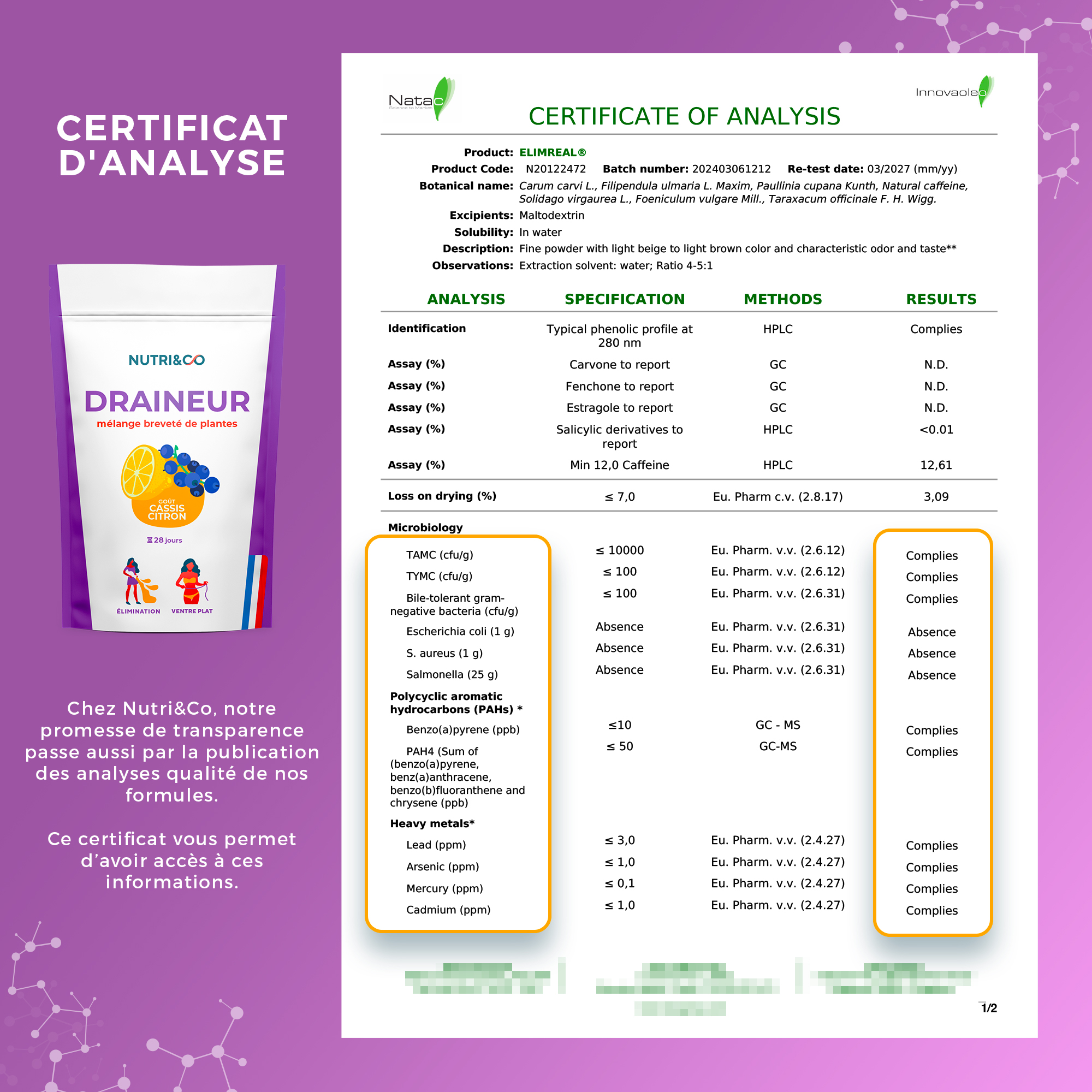 Analyses contaminants Elimreal Draineur