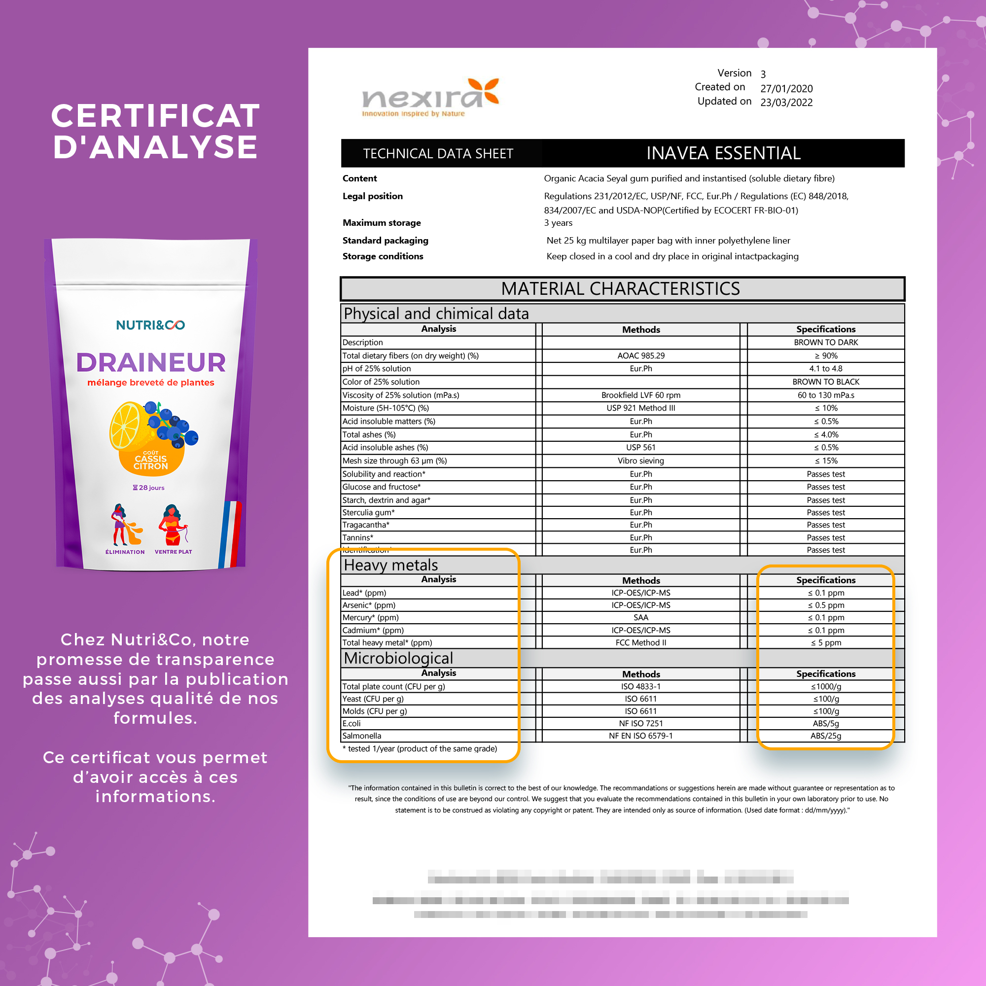 Analyses contaminants gomme acacia Draineur