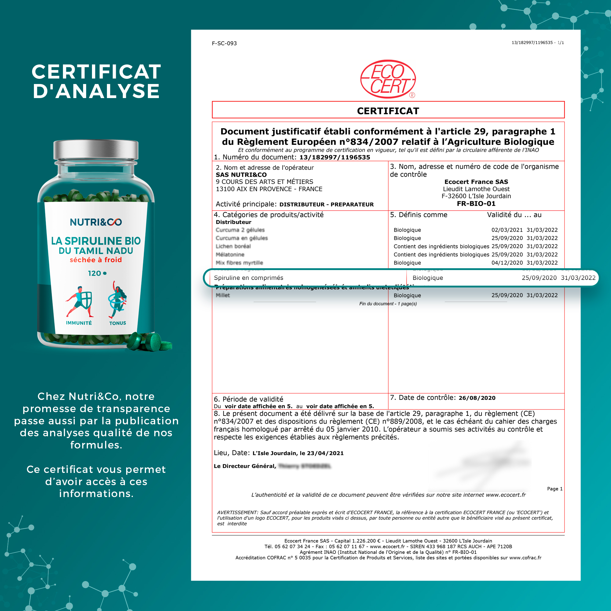 Certificat Bio Ecocert Spiruline